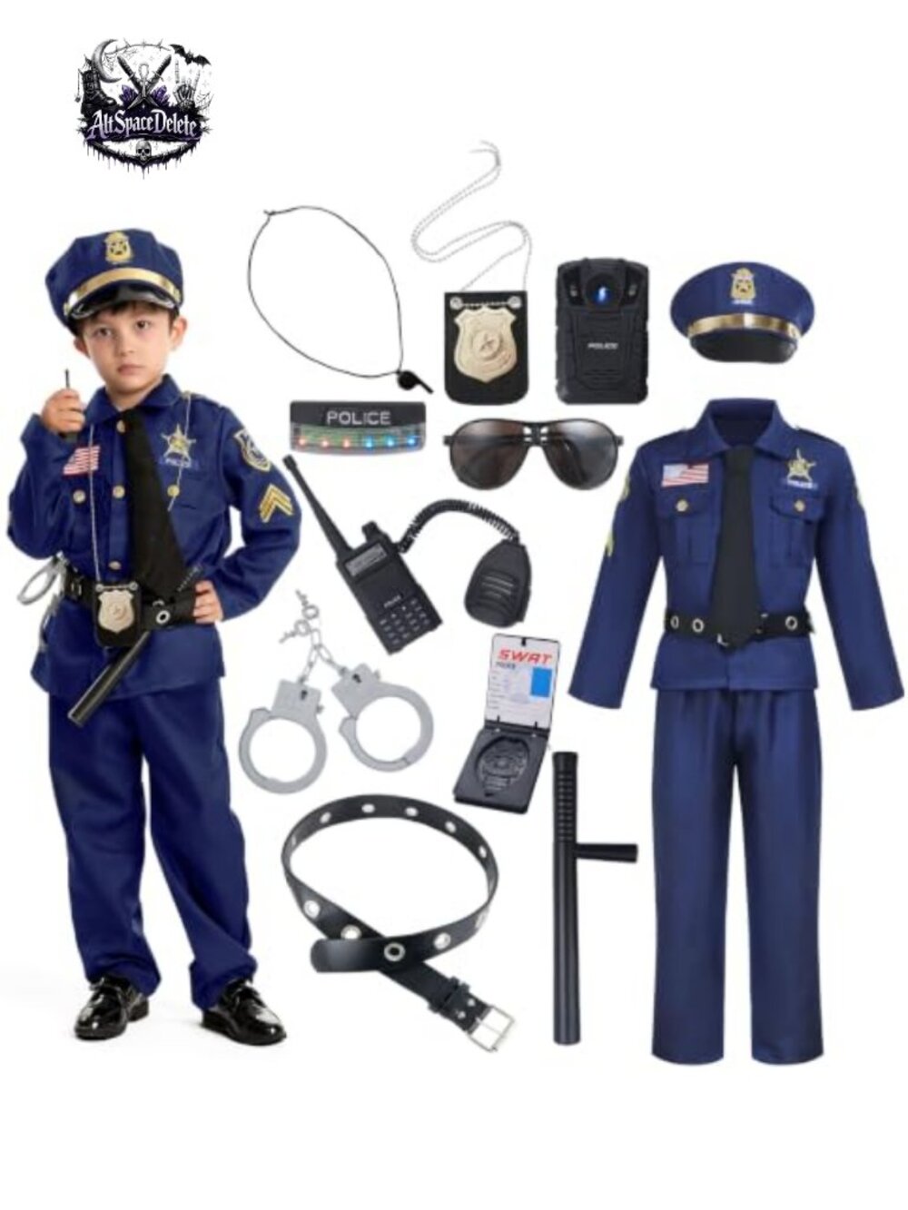 Kids Police Officer 14Pc Costume 100% Polyester Role Play Halloween Dress Up Set